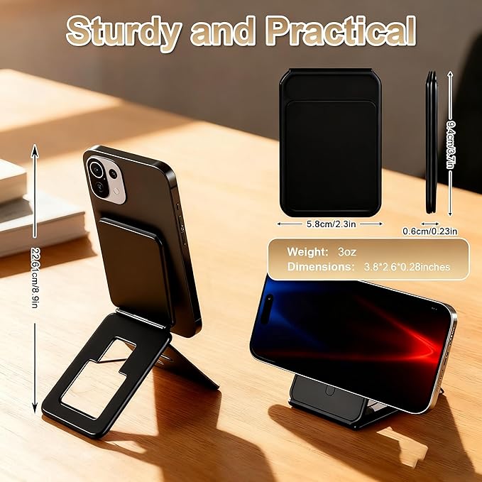 Magnetic Phone Stand, Compatible with All Smartphones 17/16/15/14/13/12 Series, Slim PU Leather Desk Stand with Multi-Angle Adjustment, Portable & Includes 1 Strong Magnetic Ring for Any Phone(Black)