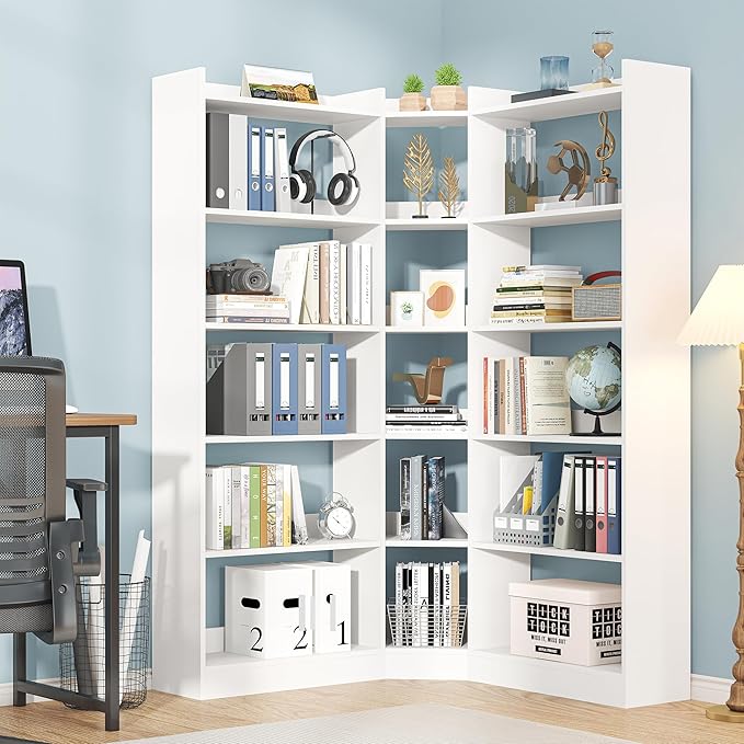 Semoic 6 Tiers Corner Bookshelf and Bookcase with Baffle, 63.1" Tall Modern L-Shaped Storage Display Book Shelf Industrial Bookshelves for Bedroom, Living Room, Kitchen, Home Office, White