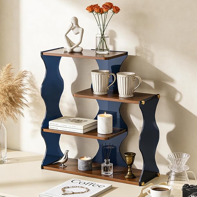 Acrylic Wave Perfume Organizer Shelf, 4-Tier Wood & Acrylic Desk Shelf Display for Perfume Storage, Modern Bathroom Counter Organizer for Cosmetics, Mugs and Small Decor