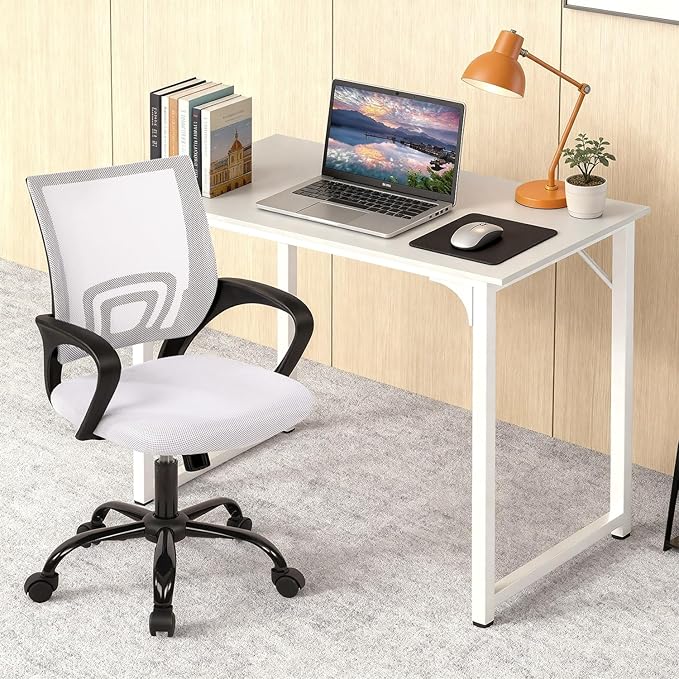 PayLessHere 32 Inch Home Office Desk and Chair Set,32 Inch Computer Desk with Ergonomic Height Adjustable Office Chair for Home Office,White & White