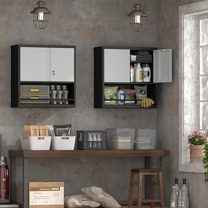 IRONFFICE Locking Cabinet,Metal Garage Storage Cabinets with Shelf,Wall Storage Cabinet with Doors for Home Office,Garage,Grey-Black