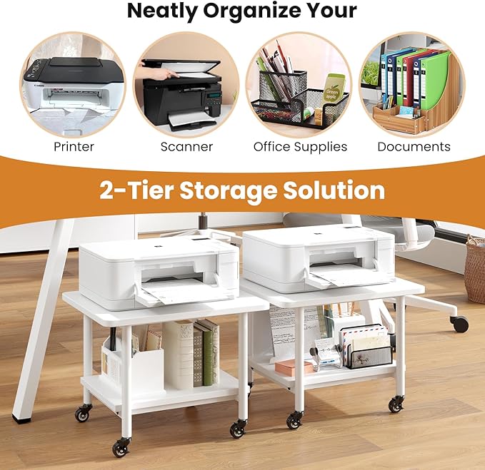 Giantex Under Desk Printer Stand, 2-Tier Mobile Printer Table with Storage Shelf, Lockable Wheels & Metal Frame, Rolling Printer Cart Holder, Storage Rack for Home Office Scanner Fax Machine (White)