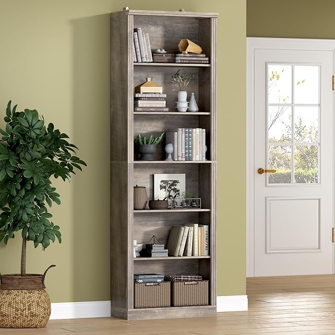 BORNOON 75" Tall Bookshelf, 6-Tier Floor Standing Bookcase with 2 Adjustable Shelves, 24" Wide Open Storage Shelf, Modern Display Organizer for Home Office, Living Room, Bedroom, Study