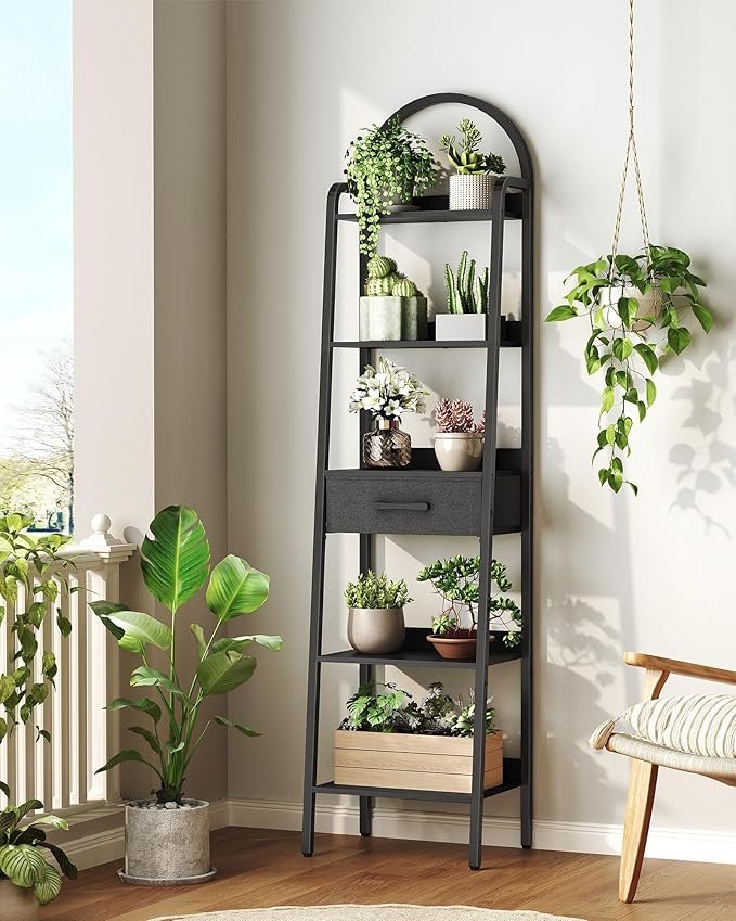 CHOEZON 5 Tier Ladder Shelf with Drawer, Tall Ladder Bookshelf, Standing Bookcase with Metal Frame for Living Room, Bathroom, Home Office, Study, Balcony, Black TCJ07BB