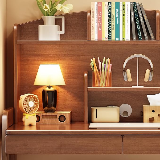Kids Desk＆Table Wooden Children’s Study Desk with Bookshelf＆Two Drawers Children Study＆Writing＆Computer＆Workstation for 3 and Above(Brown