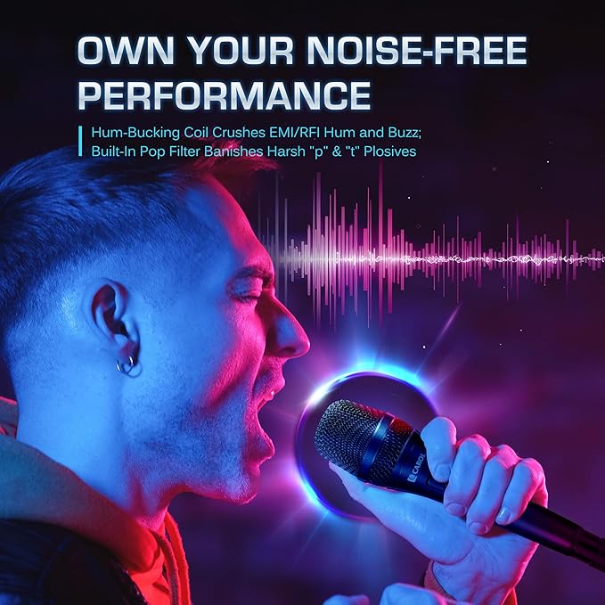 CAROL AC-910S XLR Wired Vocal Microphone – Dynamic Cardioid Mic with AHNC Dual-Engine Noise Cancelling Tech for Singing, Karaoke, Stage & Studio, Includes Mic Clip, 14.8ft XLR Cable & On/Off Switch