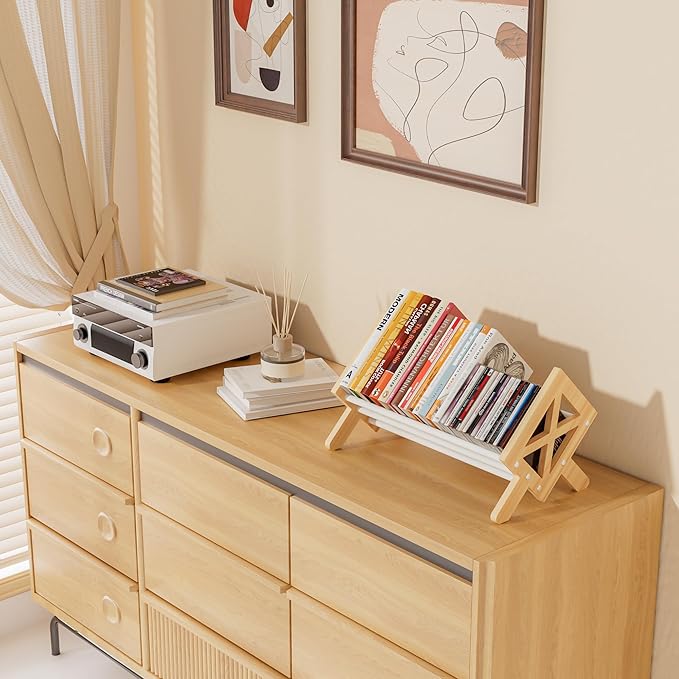 Desktop Bookshelf Organizer, Wood Office Tabletop Book Storage Rack, Tilting Bookcase for Books/CDs/Magazine Display (2 Packs White)