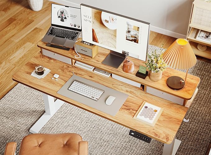 BANTI 48x24 Inch Electric Standing Desk with Dual Drawers, Height Adjustable Stand Up Table, Sit Stand Home Office Desk with Storage Shelf, White Frame/Light Rustic Brown Top
