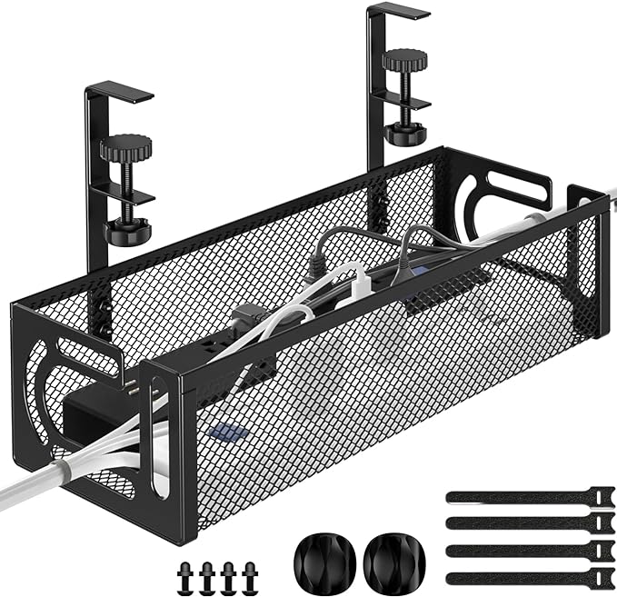 Under Desk Cable Management Tray, 15.7'' No Drill Steel Desk Cable Organizers, Wire Management Tray Cable Management Rack (1 Pack-Black)