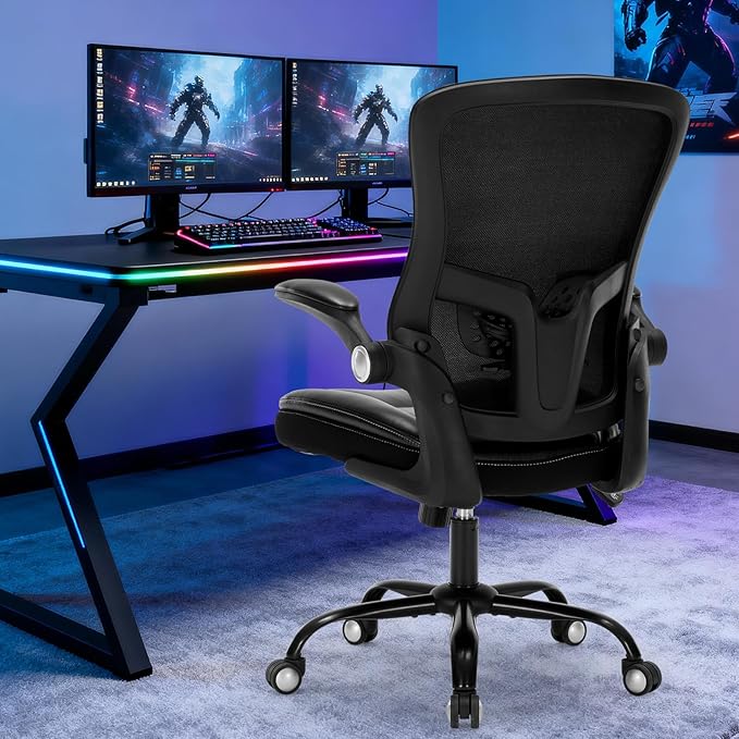 Ergonomic Office Chair, PU Leather Ergonomic Desk Chair with Mesh Back Adjustable Lumbar Support Home Gmaing Desk Chair with Wheels and Flip-Up Armrests, 360°Swivel, Tilt Lock and Wide Cushion-400LBS