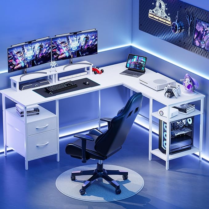 DUMOS 62 Inch L Shaped Gaming Desk with Charging Station & 2 Monitor Stands, Computer Desk with Drawer & Adjustable Storage Shelves, Large Corner Desk for Home Office, White