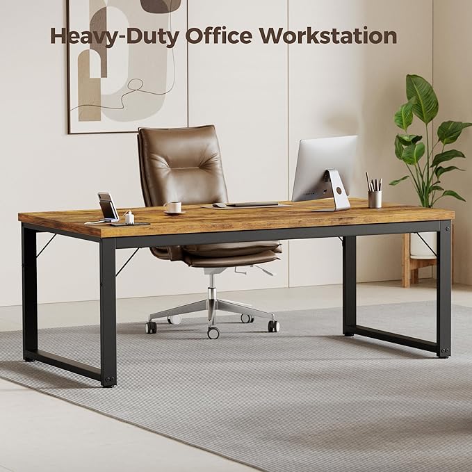 Mericonia 48 Inch Computer Desk with Power Outlets, 1.2" Thick Heavy Duty Industrial Office Desk, Modern Simple Study Writing Table for Home Bedroom Workstation, Brown