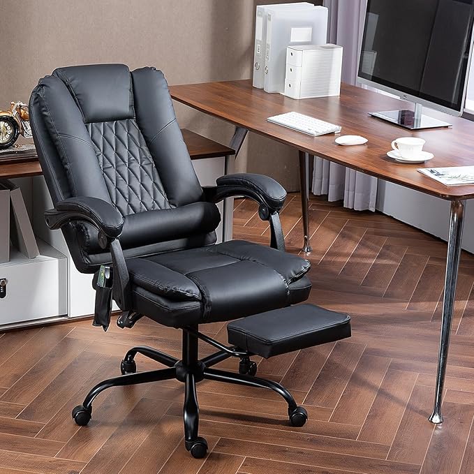 6-Point Heated Massage Office Chair with Footrest, Ergonomic Home Desk Chair with Lumbar Support, Executive High Back PU Leather Computer Chair with Armrest & Reclining, Black