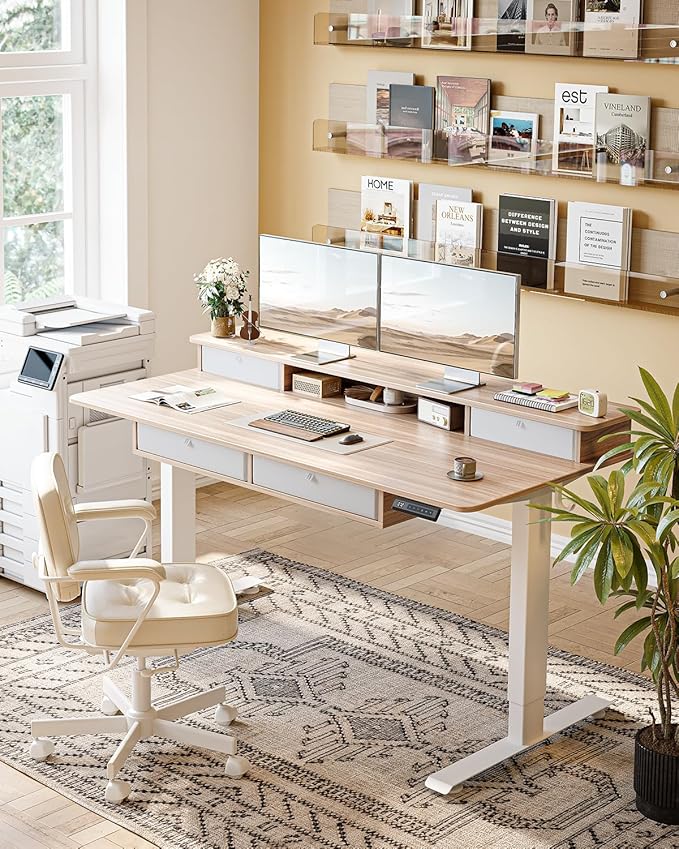 CubiCubi 55" x 30" Standing Desk with Drawers, Height Adjustable Electric Workstation, Computer Sit Stand Up Table with Large Storage Shelf 4 Drawers and 2 Hooks, Light Rustic Brown