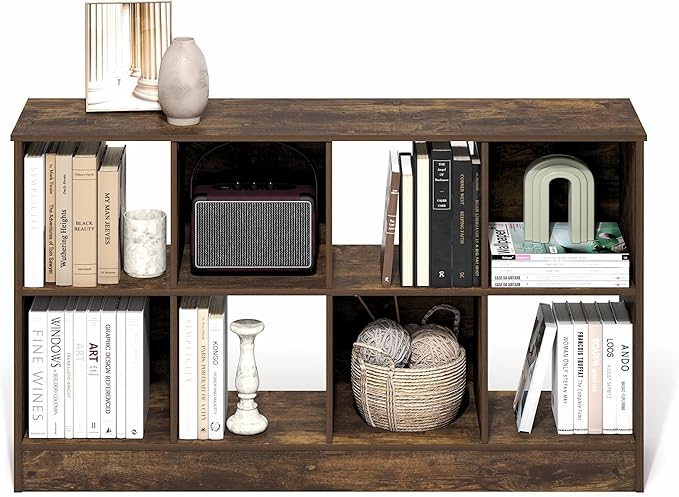 Furinno Jensen Book Shelf, 8-Cube Farmhouse Bookshelf, Display Bookcase, 11.8 x 47.6 x 26.8, for Living Room, Bedroom, Home Office, Amber Pine