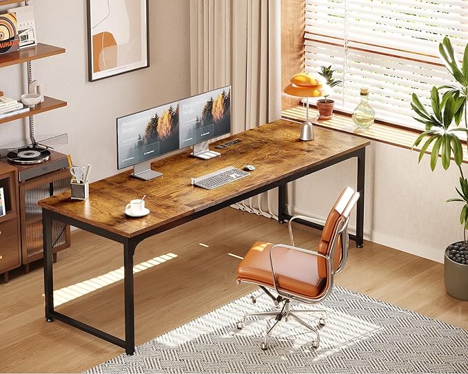 Coleshome 79 Inch Large Computer Desk with Power Outlet, Extra Long Desk for Home Office & Gaming, Spacious Writing Table for Study and Crafting, Rustic Brown