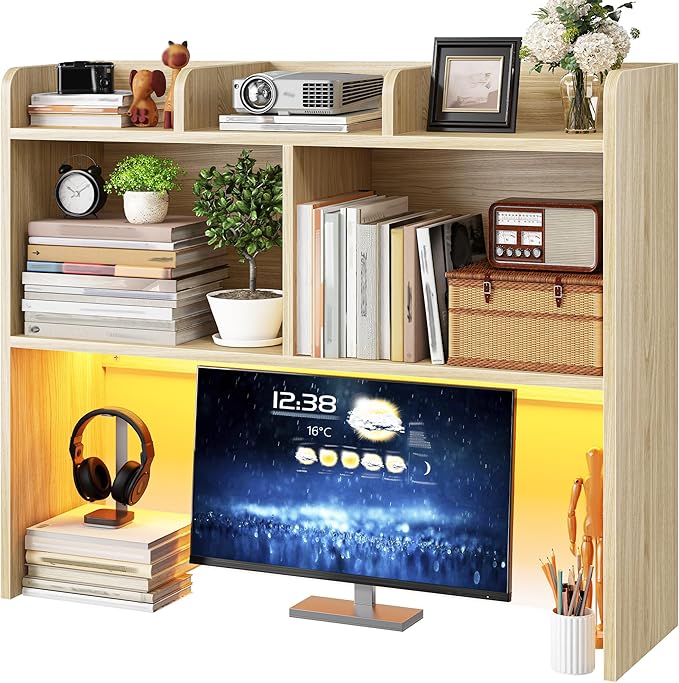REIBII Desk Hutch Dorm for Computer Monitor Up to 27", Dorm Desk Hutch Top Only with RGB Light Strip, Wooden Desktop Bookshelf with 6 Shelves, 3-Tier Desktop Shelf for Home Office Dorm, Wood Color