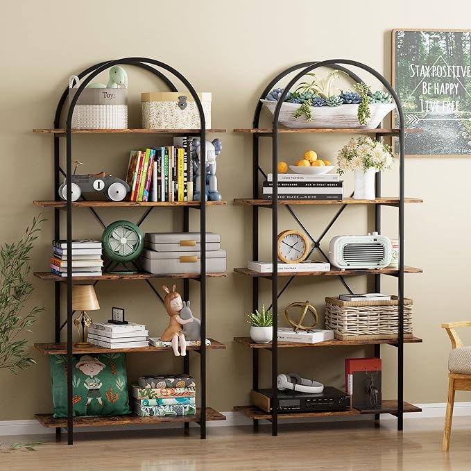 Arbuxzuy Arched Bookshelf 5 Tier Book Shelf, 31.5 Inch Width Industrial Arch Bookcase, Curved Tall Bookshelf with Open Shelves for Home Office, Living Room, Bedroom, Rustic Brown