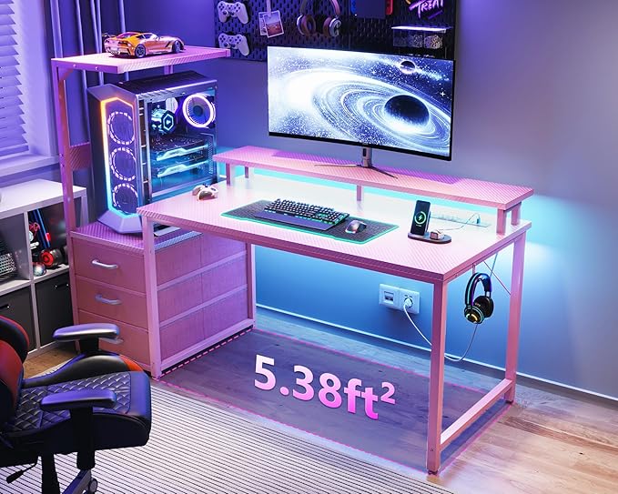 AODK 52 Inch Gaming Desk with USB Charging Ports & LED Light- Reversible Computer Desk with Storage Shelves & Monitor Stand, Modern Gamer Desk Table with Fabric Drawers, Pink
