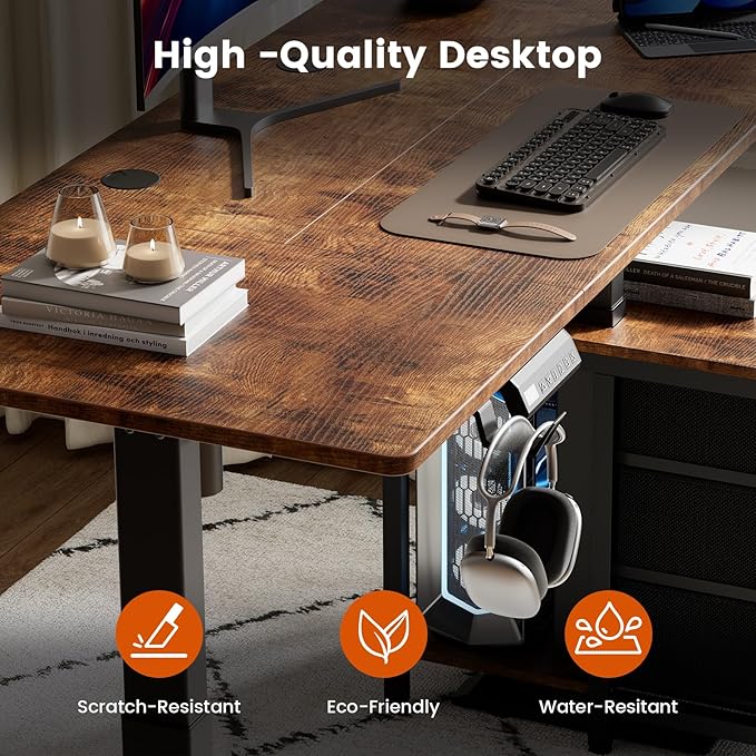 REAHOME Electric Standing Desk with Drawers, 55 x 24 Inches Height Adjustable Sit Stand Desk with Storage, 3 Memory Preset Home Office Computer Desk, Printer Cabinet Cable Management, Rustic Brown
