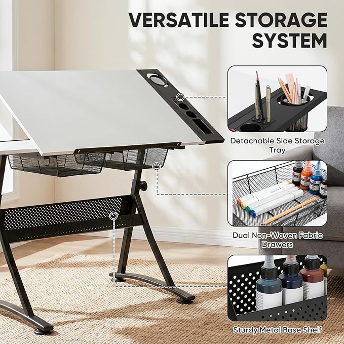 Magshion Professional Drafting Table for Adults w/Stool, Tilting Wooden Tabletop & Adjustable Height, Art Craft Desk Watercolor Paintings Sketching Work Station for Studio Home Office School (White)