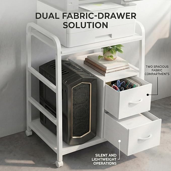 Printer Stand Featuring Fabric Drawers, Under Desk Host Computer Cabinet and Shredder Shelf, Heavy Duty Printer Stand with Storage Workstation Organization Printer Table for Home Office
