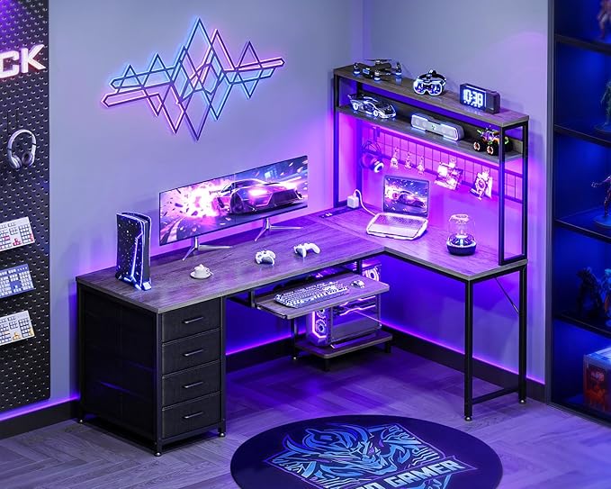 AODK 59 Inch L Shaped Desk with 4 Drawers, Gaming Desk with Led Lights & Power Outlets, Computer Desk with Pegboard & Keyboard Tray, Reverisble Home Office Desk with Storage Shelves & CPU Stand, Grey