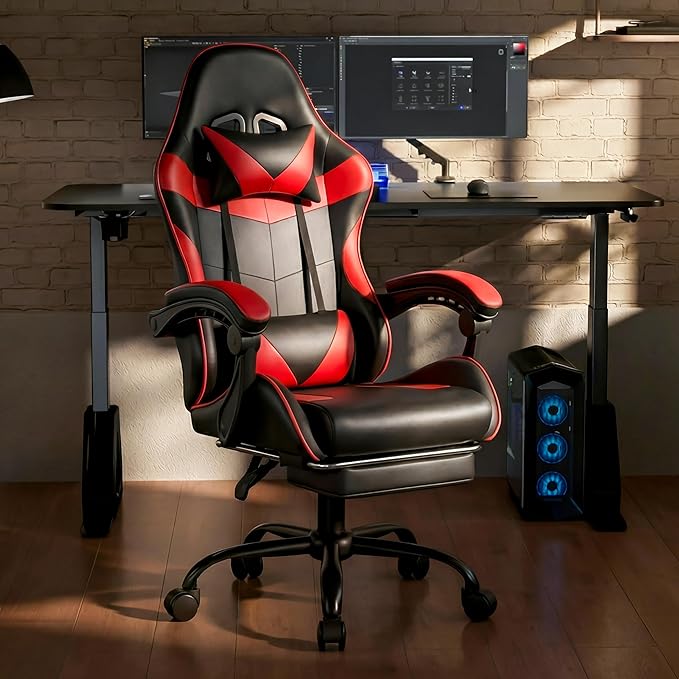 Gaming Chair, Ergonomic Computer Chair with 90°-150° Reclining Backrest & Footrest, Headrest & Lumbar Support, 360° Swivel Height Adjustable Desk Chair, High Back for Adults