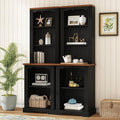 ON-Trend Two-Piece Elegant Freestanding Tall Cabinet with Fully Open Storage, Walnut Element Bookshelves with Curved Design, Stylish Display Bookcase with Anti-Tip Device for Living Room, Black Refi