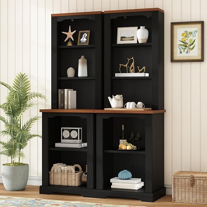 ON-Trend Two-Piece Elegant Freestanding Tall Cabinet with Fully Open Storage, Walnut Element Bookshelves with Curved Design, Stylish Display Bookcase with Anti-Tip Device for Living Room, Black Refi