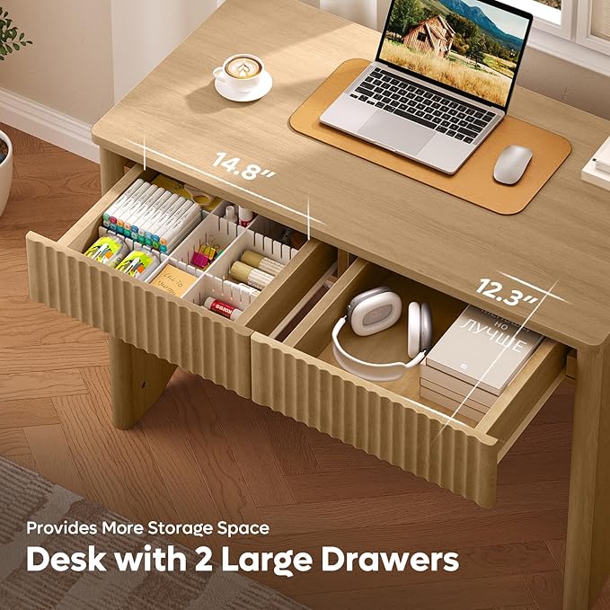 Bestier Fluted Computer Desk with 2 Drawers, 40 Inch Small Wooden Writing Study Work Desk, Computer Table, Compact Executive Home Office Desk for Small Spaces, Bedroom, Study, Living Room