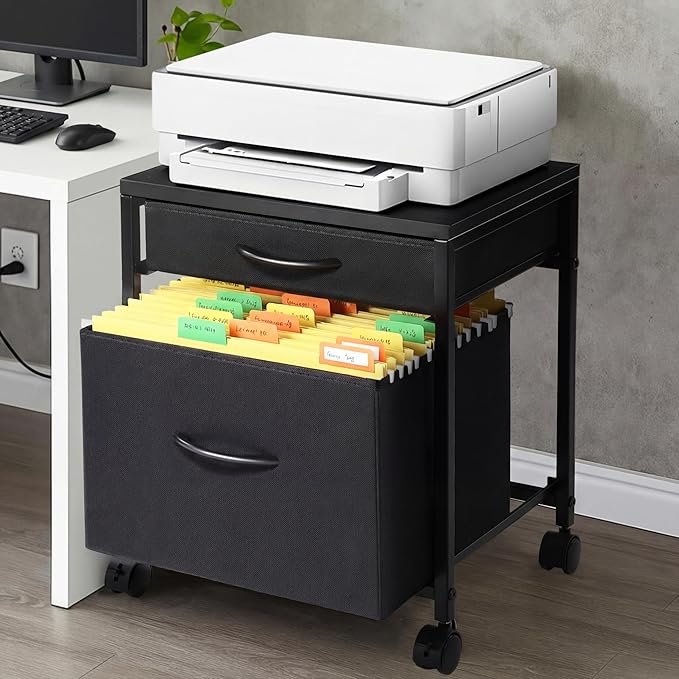 AceOrbit Printer Stand Rolling Mobile File Cabinet Cart with 2 Fabric Drawers A4 Letter Size Beside, Vertical Filing Cabinet on Lockable Wheel with Storage Under Desk for Home Office(Black)
