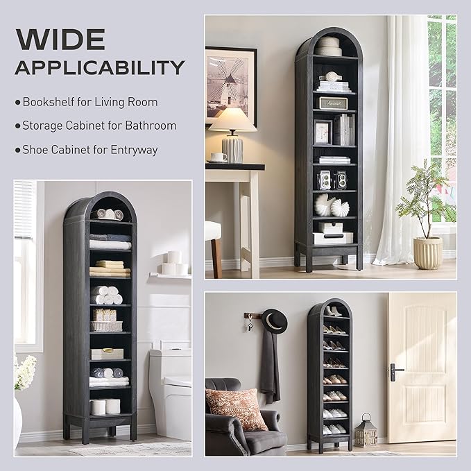 IFGET 71" Tall Arched Bookshelf, 8 Tiers Arch Bookcase with Storage, Modern Farmhouse Book Shelf with Adjustable Shelves, Wood Bookshelf w/Open Display Shelves for Living Room, Office (Dark Grey)