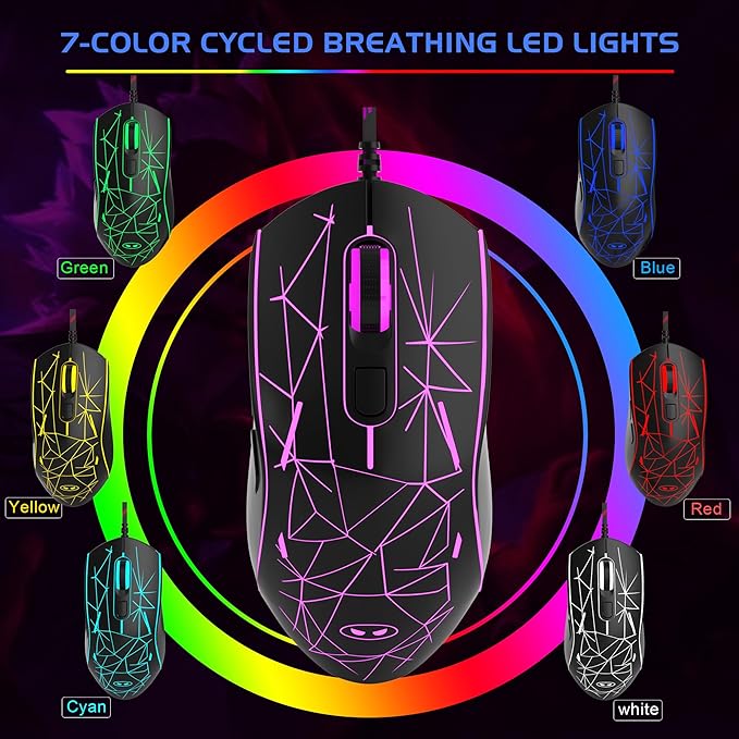 MageGee G6 Wired Gaming Mouse, Ergonomic USB Optical Mouse with 7 Colors Breathing LED Backlit, 6 Adjustable Speed Levels from 600 to 3200 for Laptop PC Computer Games & Work, Black