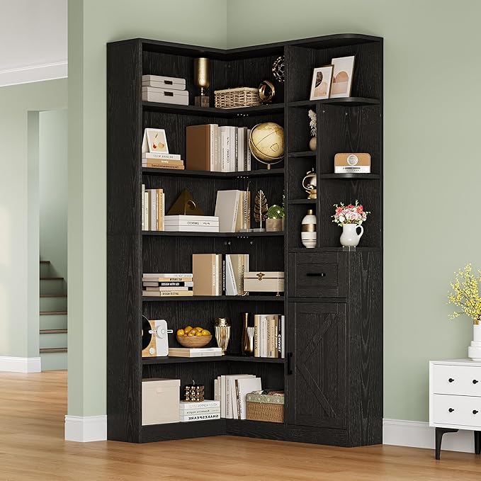 Garvee 74'' Tall Corner Bookshelf - 6-Tier Book Shelf with Drawer and Cabinets, l-Shaped Bookcase Open Storage Shelves Modern Display Shelf for Home, Office