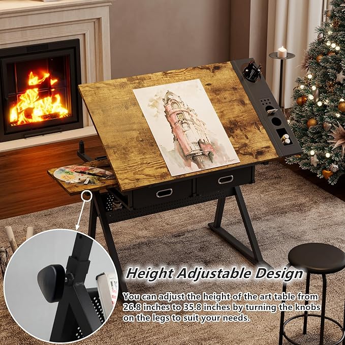Drafting Table, Height Adjustable Drawing Table Art Table with Stool, 0-75° Tilted Tabletop Artist Desk Painting Table with Storage for Home Office School, Type 4-Rustic