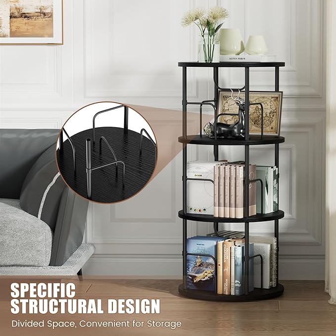 Flycity 3 Tier Rotating Bookshelf, 360° Corner Bookshelf Tower, Round Revolving Bookcase with Special Visible Partition Storage, Narrow Book Shelf Organizer for Living Room, Small Space, Black