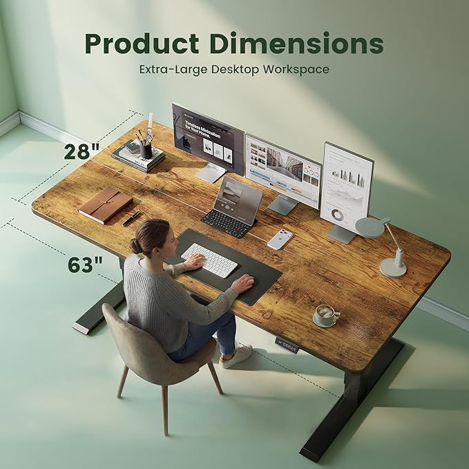 CubiCubi Electric Standing Desk Height Adjustable, 63.0 x 27.6 Inches Home Office Computer Desk, Sit to Stand Up with Memory Presets, Rustic Brown