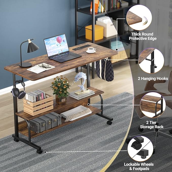 Armocity Rolling Standing Desk with Power Outlets, 39" Manual Height Adjustable Mobile Computer Desk with Wheels, Small Portable Sit Stand Laptop Couch Table for Bed & Sofa Home Office, Rustic Brown