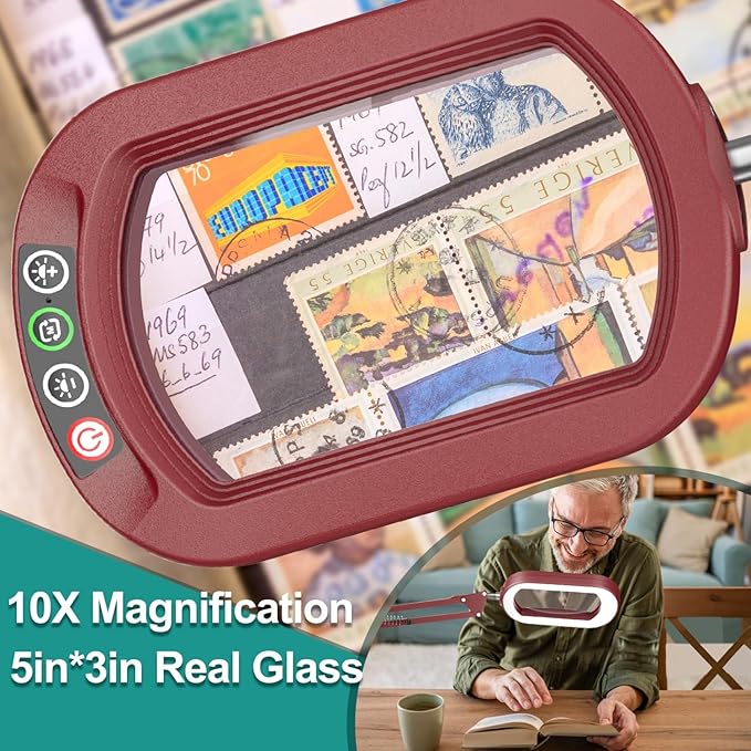 IVMAIE 10X Rectangle Magnifying Glass with Light, 5 Color Modes Stepless Dimmable Magnifier with Stand, LED Lighted Clamp Desk Lamp with Swing Arm, Hands Free for Reading Painting Close Work - Red