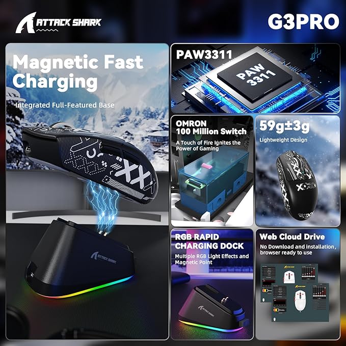 ATTACK SHARK G3 Pro Wireless Gaming Mouse with Magnetic Charging Dock,PixArt PAW3311 Gaming Sensor,BT/2.4G Wireless/Wired Gaming Mouse,25000 DPI,59g Superlight Gamer Mice for PC/Win/PS/Mac(Black)