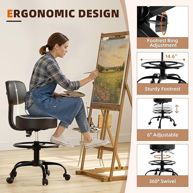 Drafting Chair with Back, Adjustable Foot Rest Rolling Stool (1, Black)