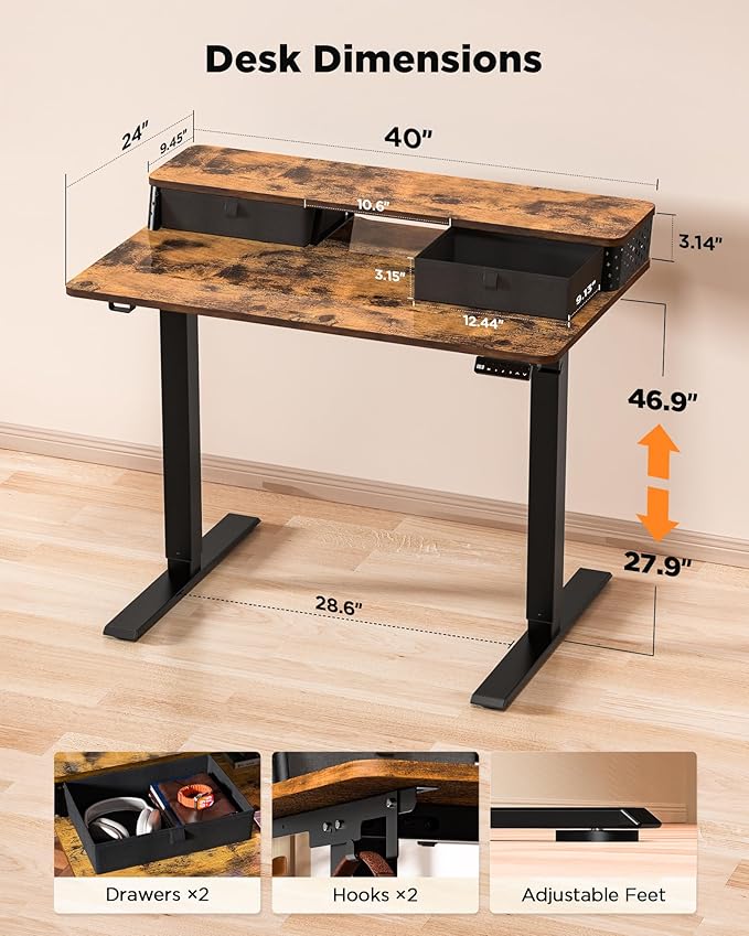 FiCiHi 40x24 Inch Standing Desk with Drawers, C-Clamp Mount Compatible, Electric Adjustable Height Computer Small Stand Up Desks, Home Office Sit Stand Table with 3 Preset Heights, Rustic Brown