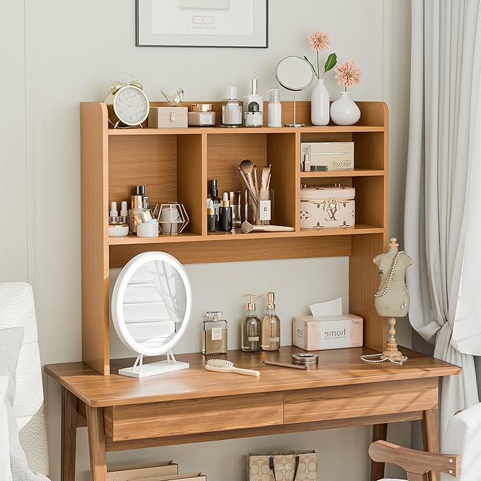 Nova Microdermabrasion Wooden Desktop Bookshelf with 6 Shelves–3-Tier Desk Organizer Hutch for Computer Desk, Home or Office (Natural)