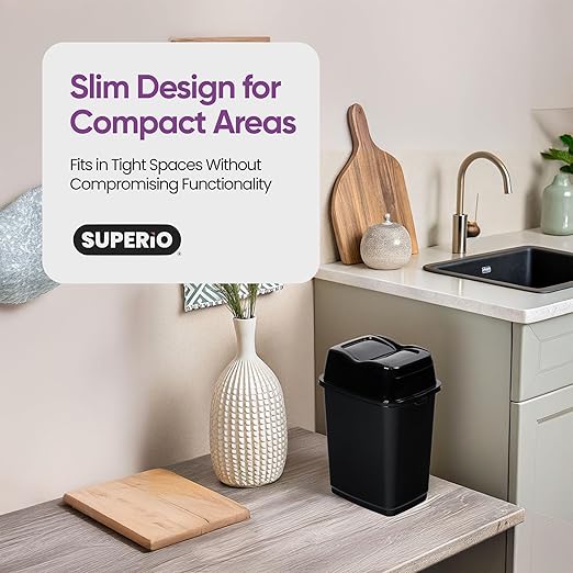 Garbage Can with Swing Top-Split Lid | Small Trash Can with Lid | Durable Plastic | Slim & Sturdy Trash Bin | Fingerprint Resistant | 1.25 Gallon / 5 qt / 5 L - Black | Superio Brand