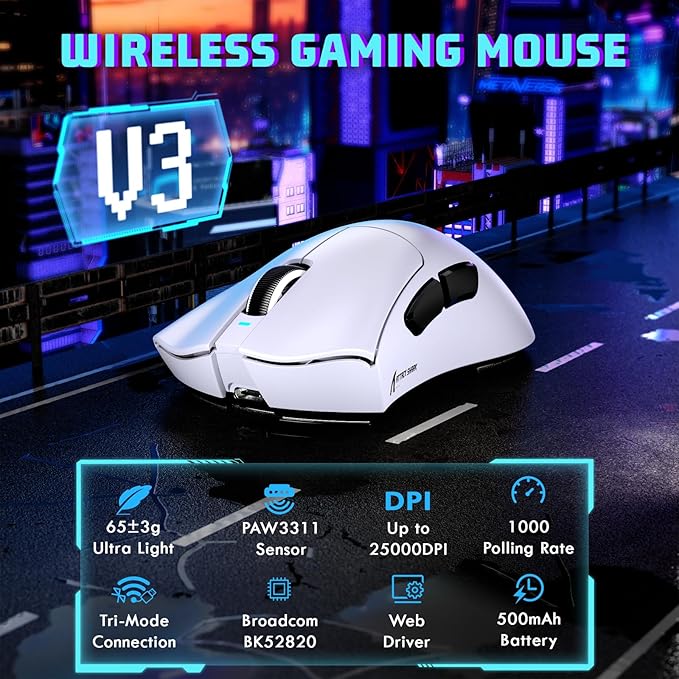 MAMBASNAKE ATTACKSHARK V3 Wireless Gaming Mouse,Adjustable 25K DPI PAW3311 Optical Sensor,Ergonomic 62g Lightweight 5 Programmable Buttons 500mAH Battery,2.4G/BT/USB-C Wired for PC/Mac-White