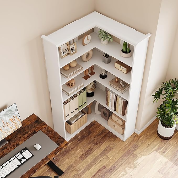 IDEALHOUSE Corner Bookshelf 72.8in Farmhouse Bookcase Large Bookshelves Wood Bookcase Tall 5 Tier Corner Shelf L Shaped Bookshelf Storage Display Rack Living Room Bedroom (White, Half Panel)