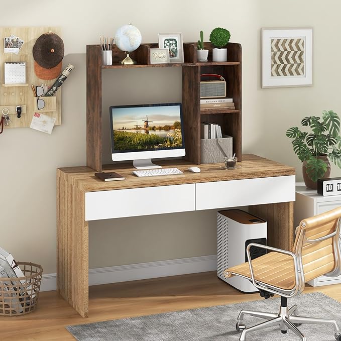 Desktop Bookshelf, 3-Tier Desk Hutch Shelf with 5 Display Rack for Computer Desk, Desk Organizer Shelves for Top of Desk, Dorm, Home, Office (Rustic Brown)