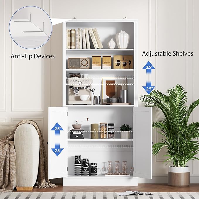 BORNOON 70.1" Tall Bookshelf with Cabinet, 5-Tier Floor Standing Bookcase with Doors & Adjustable Shelves, 31.5" Wide Storage Shelf, Metal Handles, Modern Organizer for Home Office, Living Room