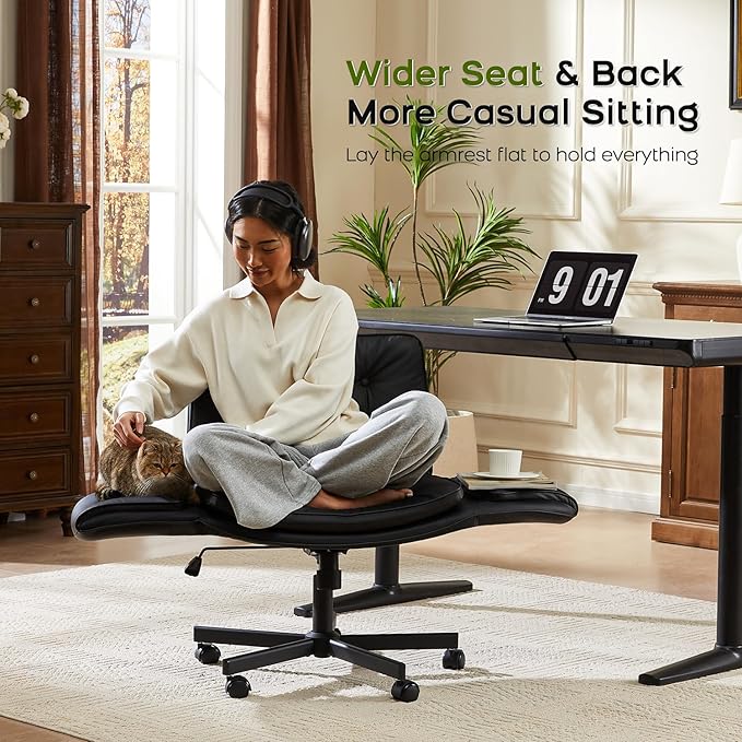 amseatec Criss Cross Chair with Armrests & Wheels, PU Leather Vanity Chair, Comfortable Adjustable Swivel Computer Office Desk Chairs for Home, Make Up, Bed Room (Black)